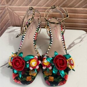 Betsey Johnson Multicolor Floral Rose Embellished Ankle-Strap Heels